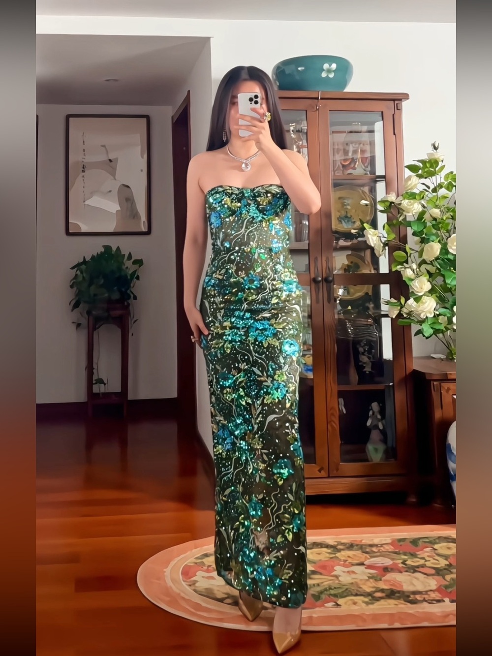 Bronx & Banco Green & Black Teal Multi Sequin Strapless Dahlia Gown L NWOT